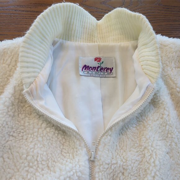 Vintage Monterey Fashions White Sherpa Bomber Jacket Women 16 Zip Up Teddy Coat - Picture 8 of 13